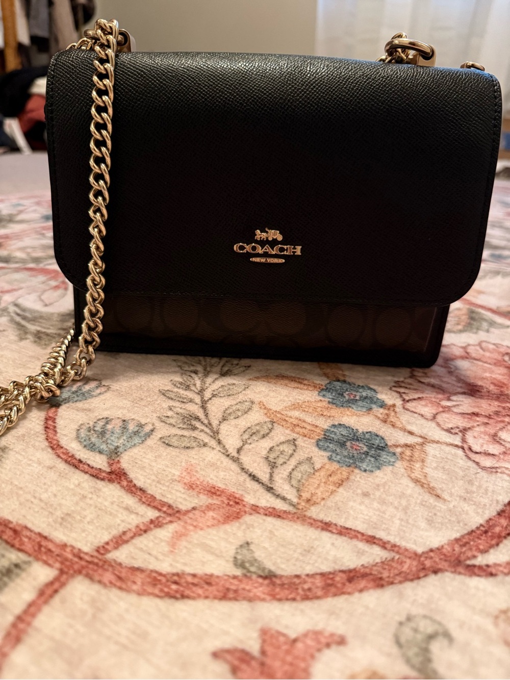 Coach Black Leather and Signature Canvas Chain Crossbody with Gold Hardware